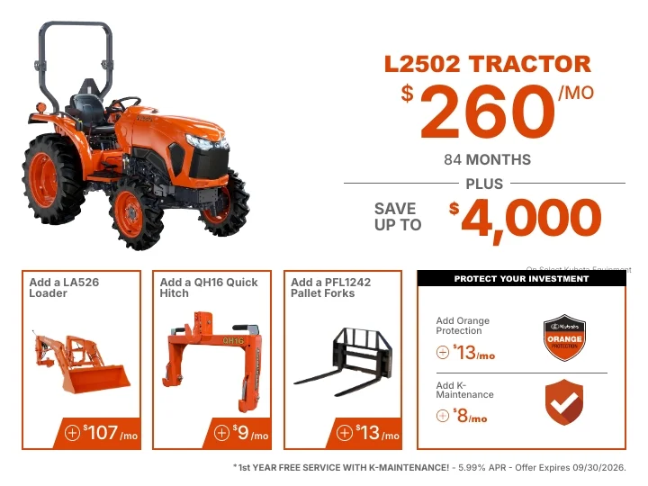 Tractor Package L2502 Package for $260 per month.